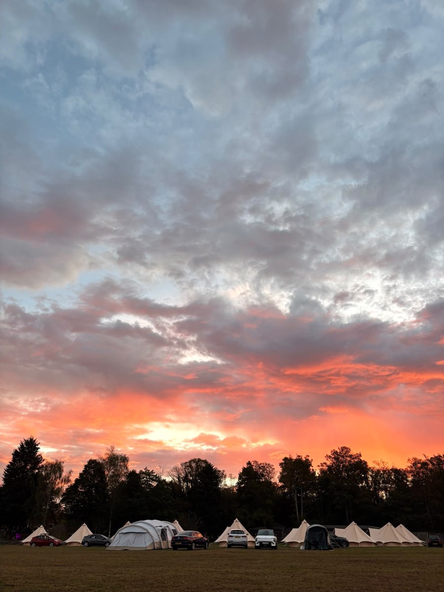 A pink and orange sunset over the tents on the lawn