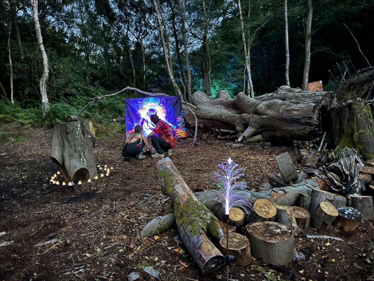 A glowing shrine among the logs in the woods